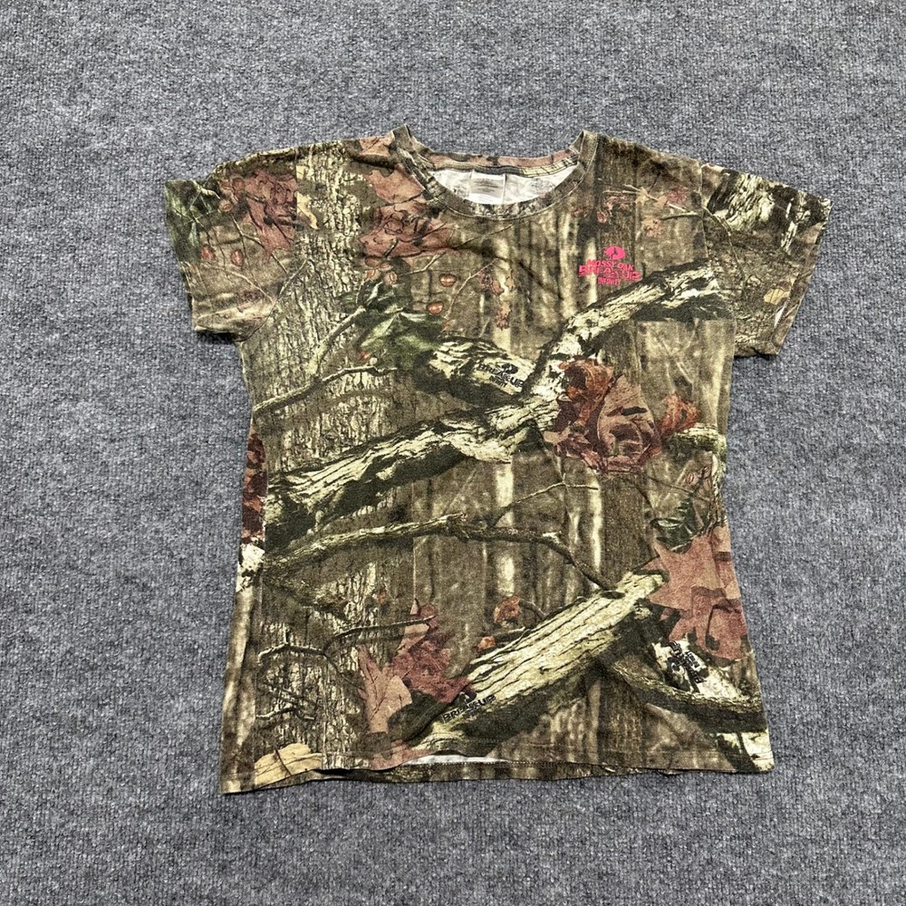 Mossy Oak T-Shirt Womens Size L Camo Break-Up Infinity Pink Logo Short Sleeve